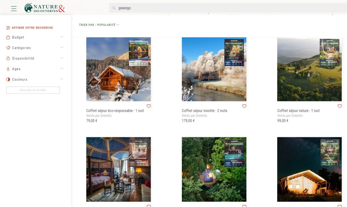 Les coffrets cadeaux de Greengo sont disponibles sur le site de Nature et Découvertes - Capture écran
